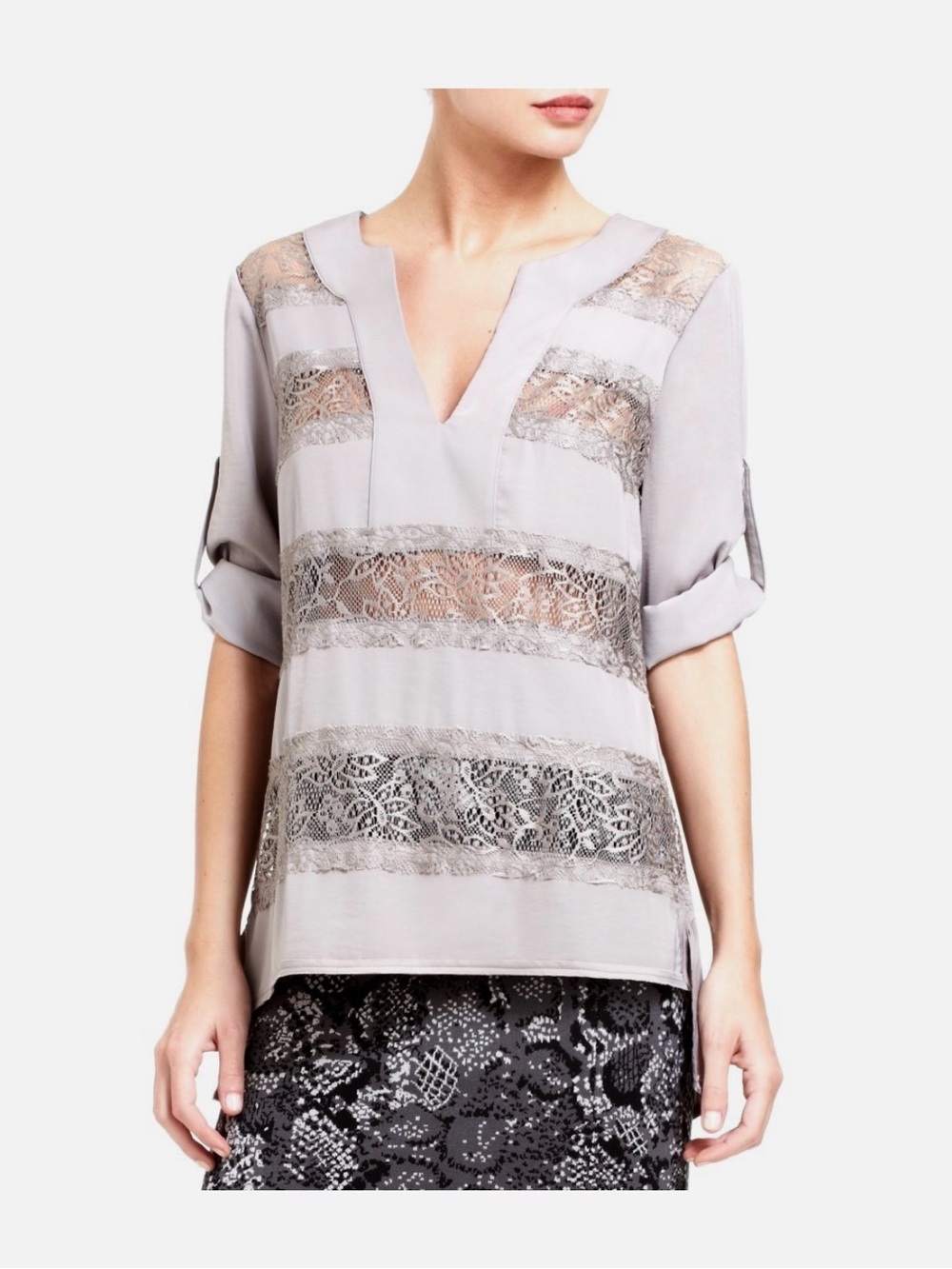 BCBG Max Azria Luna Erid Lace Tunic Business Casual Sheer Blouse Size Small